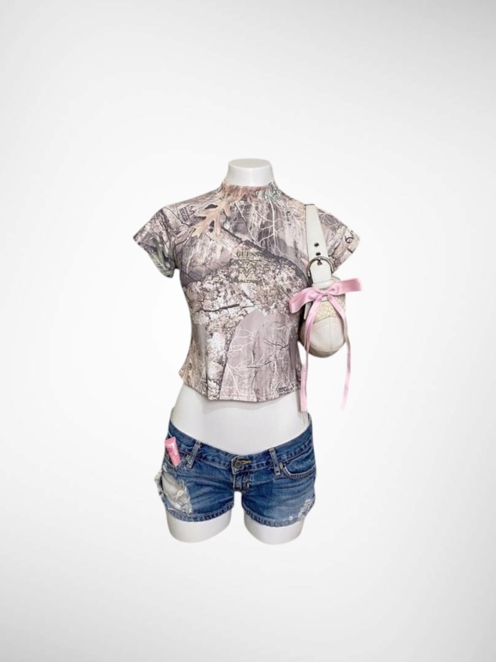 GUESS Originals x Realtree Camo Mock Neck Tee | Y2K Gorpcore Camouflage Baby Tee
